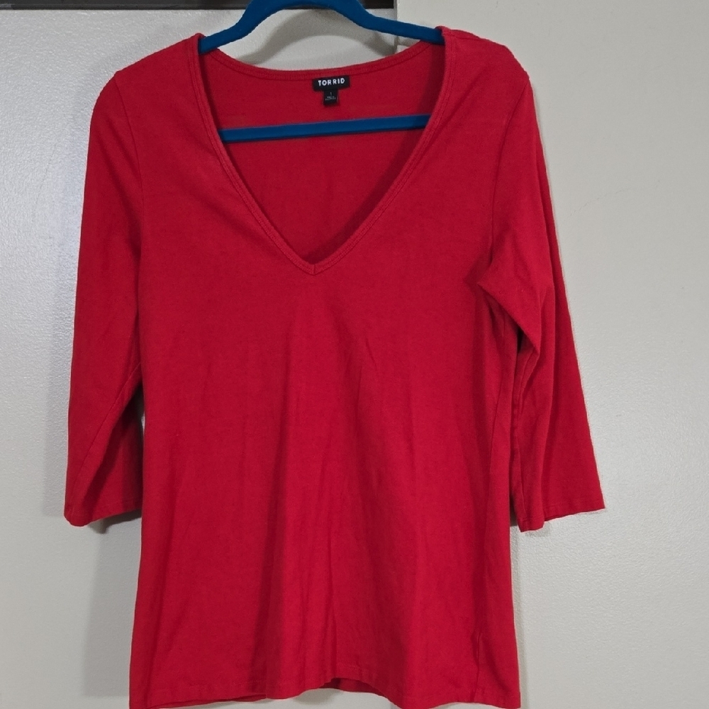 Torrid Red V-Neck 3/4 Sleeve Top Torrid Size 1